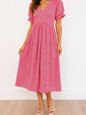 Red white Gingham V-Neck Midi Dress with Puff Sleeves